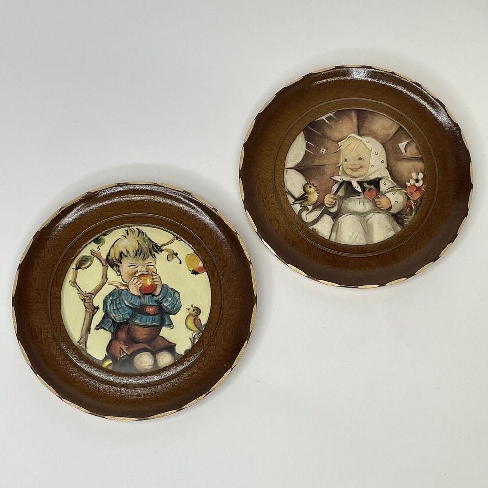 Vintage 70s Wall Art Wood Plaques Bot and Girl Hummel Like Pictures Set of 2